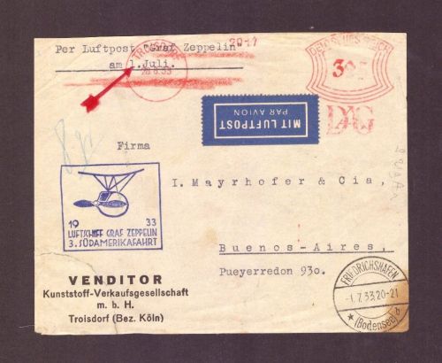 Zeppelin Beleg Graf Zeppelin - 3. Südamerikafahrt 1933 n. Buenos Aires