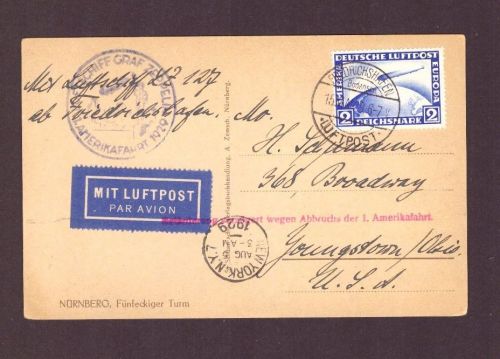 DR Zeppelin 1 . Amerikafahrt Stempel verzögert 1929 , Einzelfrankatur Mi.Nr. 423
