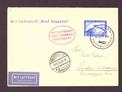 Zeppelin Beleg LZ 127 - Zeppelintag Öhringen , Friedrichshafen nach Lindau 1931