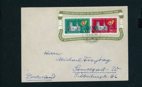 Schweiz Block Nummer 15 Frankatur auf Brief Luzern nach Stuttgart1955