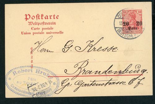 Deutsche Auslandspostämter Türkei Ganzsache Konstantinopel n. Brandenburg 1907