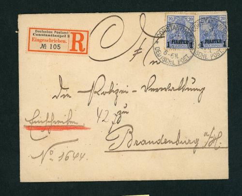 Deutsche Auslandspost Türkei- Mehrfachfrankatur Einschreiben Konstantinopel 1904
