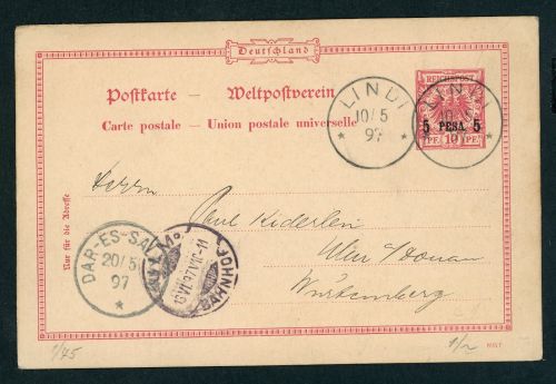Deutsch-Ostafrika Ganzsache Lindi / Dares Salam - Ulm 1897