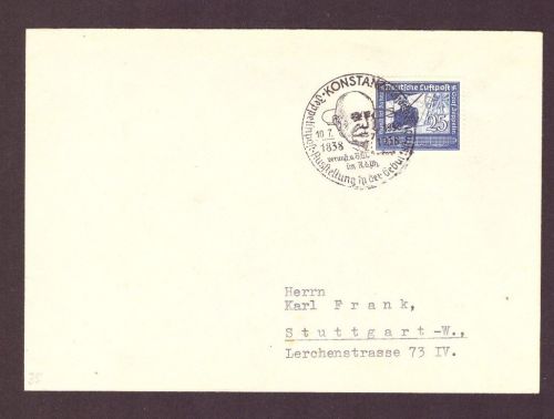 DR Zeppelin Beleg : EF + So - Stpl Ausstellung Konstanz - 100 . Geburtstag- 1938