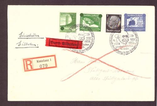 DR Eilbote / Retour : Zeppelin Ausstellung Konstanz - 100 . Geburtstag- 1938
