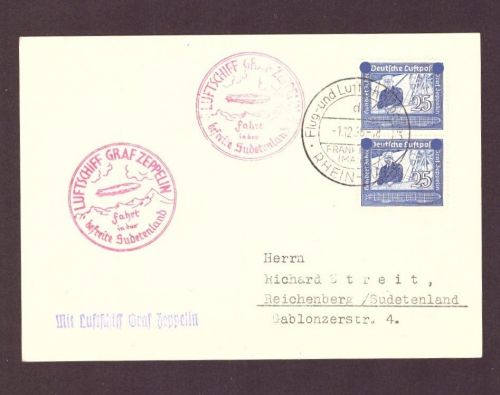 DR Zeppelin Karte : Sudetenland Fahrt - zwei Bord Stempel ( ! ) LZ 127 - 1938
