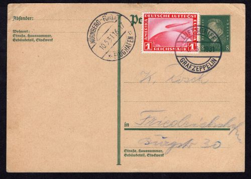 DR Zeppelin Ganzsache + ZuF MiNr. 455 Friedrichshafen Nürnberg 1931 Bordstempel