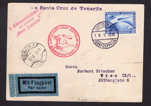 DR Zeppelin Beleg MiFr MiNr. 439 Südamerikafahrt 1930 Bordstempel bis Teneriffa