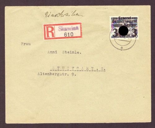 Generalgouvernement Nr. 29 als EF Brief - Einschreiben Skawina n. Stuttgart 1940