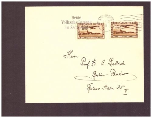 Brief Saargebiet Saarbrücken - Volksabstimmung + SST Volksabstimmung 13.1.1935