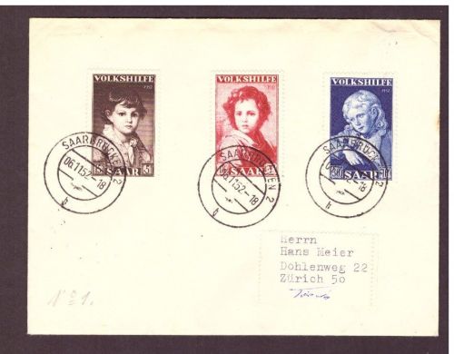 Saar Brief - MiFr - MiNr. 338 - 340 - Volkshilfe Saarbrücken n. Zürich 1951