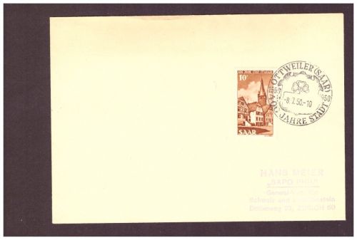 Saar FDC Brief - MiNr. 296 - 400 Jahre Ottweiler n. Zürich 1950