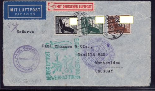 Dt. Reich Luftpost Brief Hamburg n. Montevideo Uruguay Weihnachten 1934