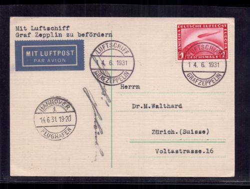 Zeppelin Beleg Graf Zeppelin über Hannover n. Zürich ( Schweiz ) 1931