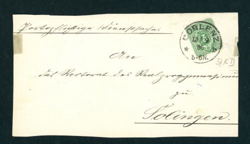 Deutsches Reich Michel Nummer 39Ca Briefstück Koblenz 1886, geprüft