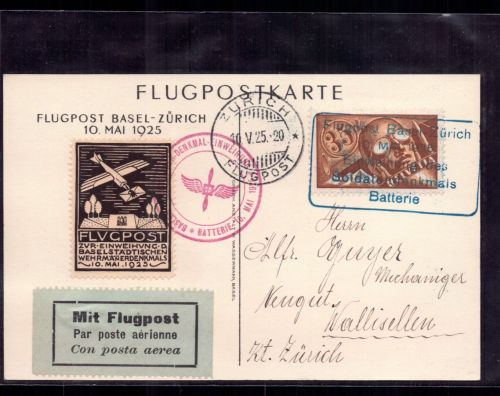 Schweiz offizielle Flugkarte - Basler Wehrmanns Denkmal 1925 n. Zürich
