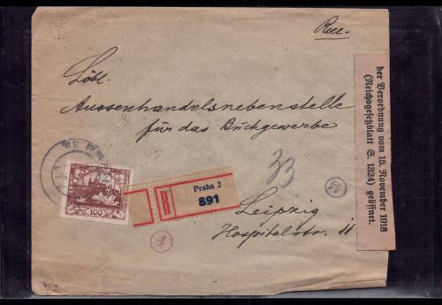 Einschreiben Prag / Praha - Zensur geöffnet : Verordnung 1918 , n. Leipzig 1920