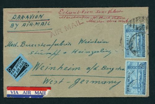USA Luftpost Mehrfachfrankatur n. Weinheim + Zoll Stempel 1954