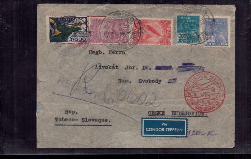 Brasilien Zeppelin Beleg Einschreiben über Berlin n. Budweis 1933