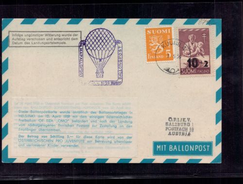 Schweden Ballonpost Beleg nach Salzburg 1959