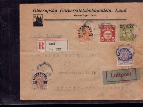 Schweden Luftpost Beleg Einschreiben Lund nach Berlin