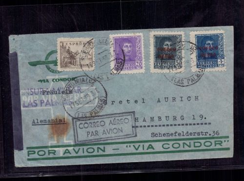 Spanien Luftpost Beleg Las Palmas nach Hamburg "Via Condor" 1938