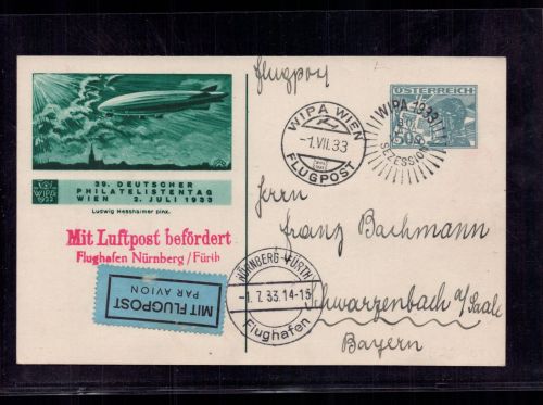 Österreich Flugpost Karte Wipa Wien 1933 - Flughafen Nürnberg Fürth