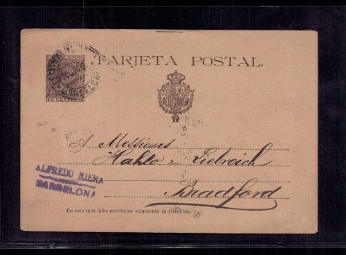 Spanien Ganzsache Barcelona nach Bradford 1919
