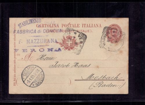 Italien Ganzsache Verona nach Moosbach 1899