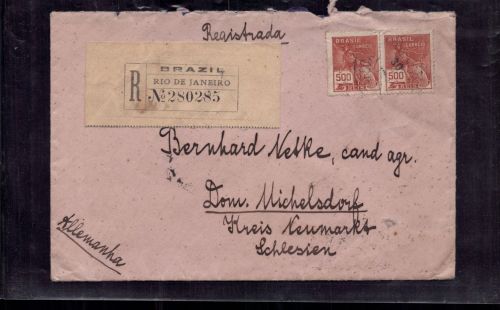 Brasilien Einschreiben Rio nach Michelsdorf - Rückseite Bahnpost Berlin Breslau