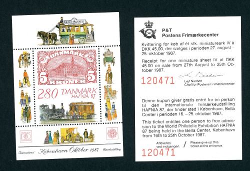 Dänemark Block Nummer 7 + Eintrittskarte HAFNIA 1987