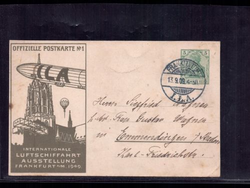 Ganzsache Offizielle Postkarte No 1 ILA 1909 Frankfurt n. Emmendingen