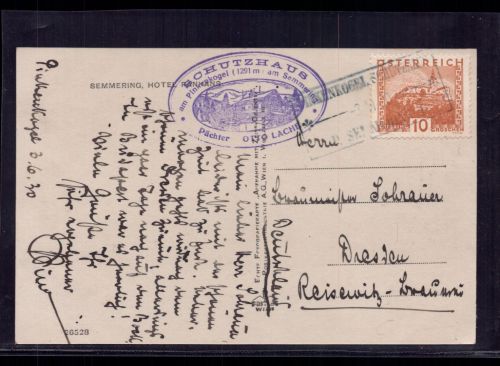 Österreich Ansichtskarte - Semmering , Hotel Ranhans - 1930 n. Dresden