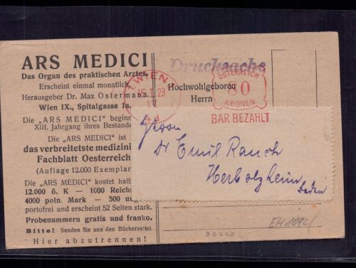 Drucksache Österreich Inflation 1923 - 80 Kronen bar bezahlt - Ars Medici