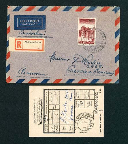 Saar Michel Nummer 337 auf Luftpost Einschreiben + Einlieferungsschein