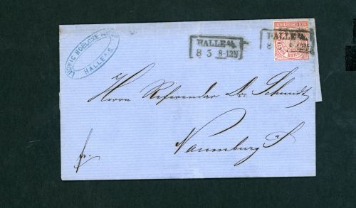 Norddeutscher Bund Einzelfrankatur Halle nach Naumburg 1870