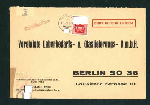 Deutsches Reich Einzelfrankatur Michel NR. 829 Feldpostamt Paris n. Berlin