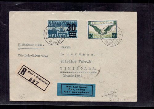 Schweiz Flugpost Beleg Einschreiben Basel nach Rumänien 1937