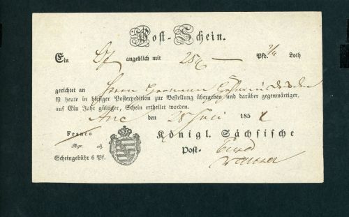 Postschein Sachsen Aue von 1854