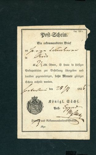 Postschein Sachsen Hartenstein von 1856