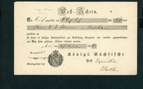 Postschein Sachsen Aue von 1856