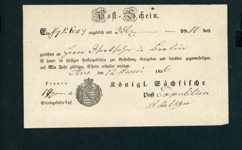 Postschein Sachsen Aue von 1856