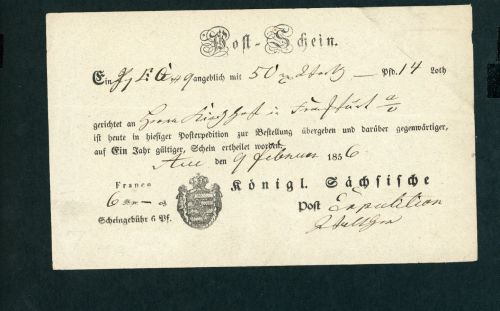 Postschein Sachsen Aue von 1856