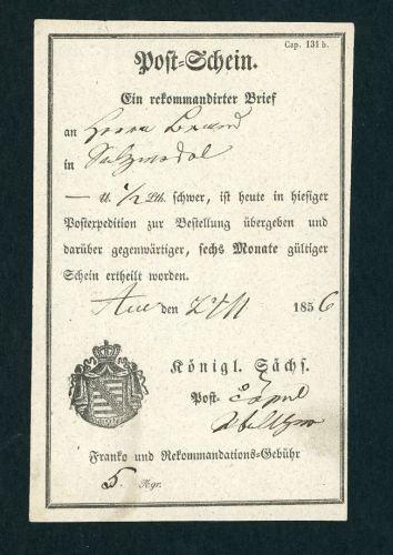 Postschein Sachsen Aue von 1856