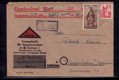 Alliierte Besetzung Franz. Zone Rheinland Pfalz Mischfrankatur Einschreiben