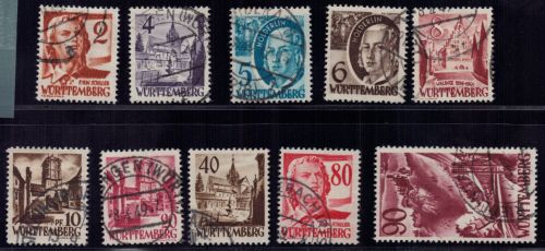 All. Besetzung Franz. Zone Württemberg Mi.-Nr. 28-37 gestempelt, 35-37 geprüft
