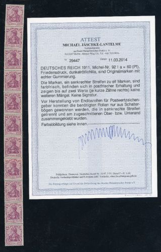 Deutsches Reich Michel-Nr. 92Ia postfrischer 11er Streifen !! Attest