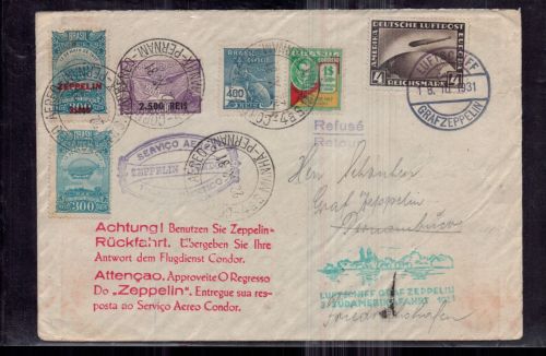 Brasilien Zeppelin Retour Beleg nach Pernambuco 1931 via Condor - 3. SA Fahrt