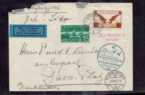 Schweiz Flugpost Beleg Einschreiben Sion n. Davos - Flugmeeting Zürich 1937