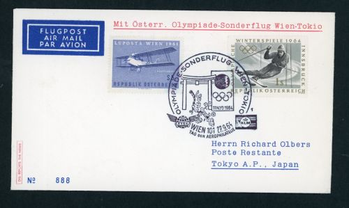 Österreich Beleg Olympiade Sonderflug Wien - Tokyo 1964